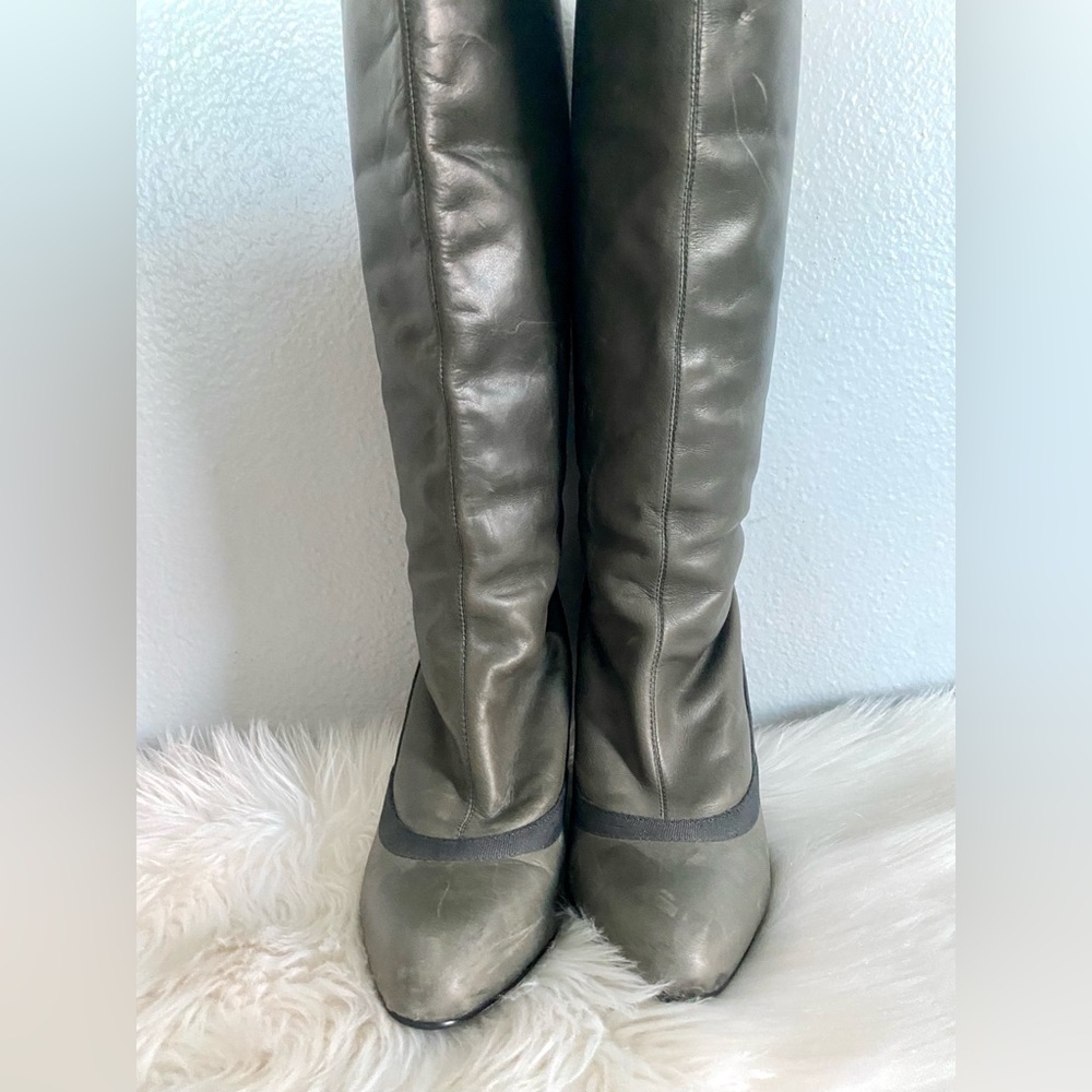 Dark Blue-Gray tall leather booted with criss cross ribbon lace up tall boots